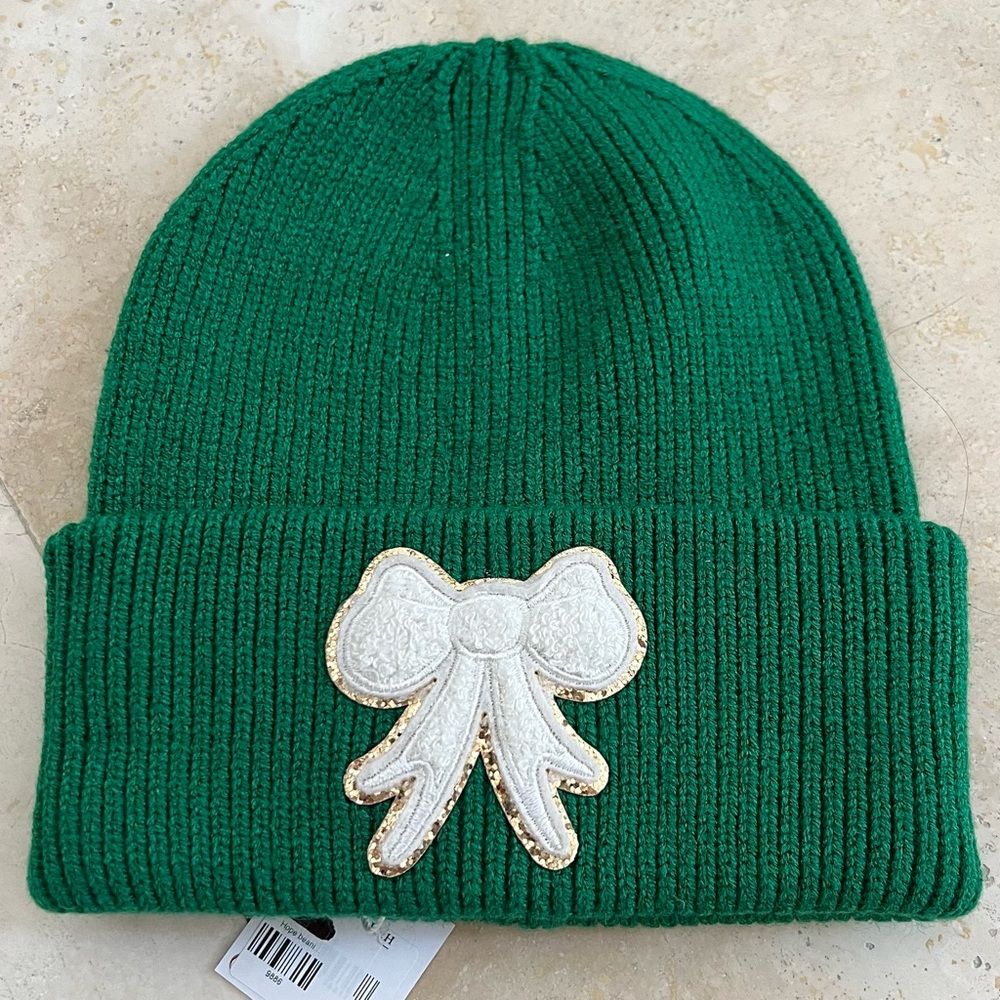 SHIRALEAH Chicago Green Knit Beanie with Gold Trimmed White Bow Accent